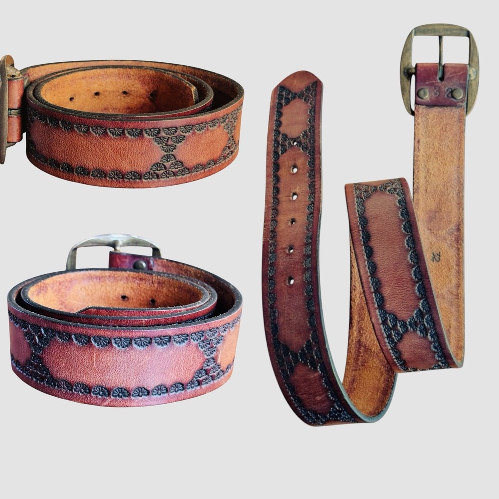 Vintage 90s Tooled Leather Belt Size 32 Western Boho - Picture 6 of 16